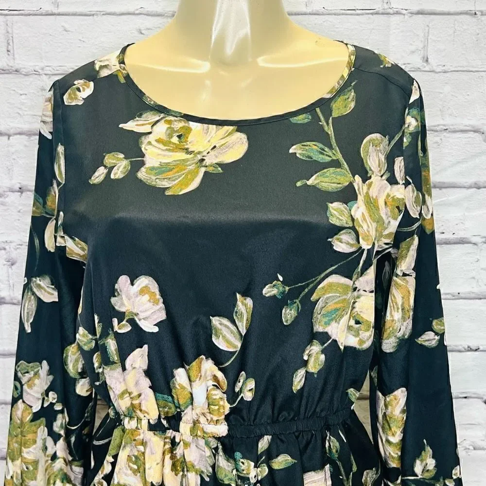 J. Crew Black Tulip Hem Knee Length Long Sleeve Floral Faux wrap  Dress Size 8